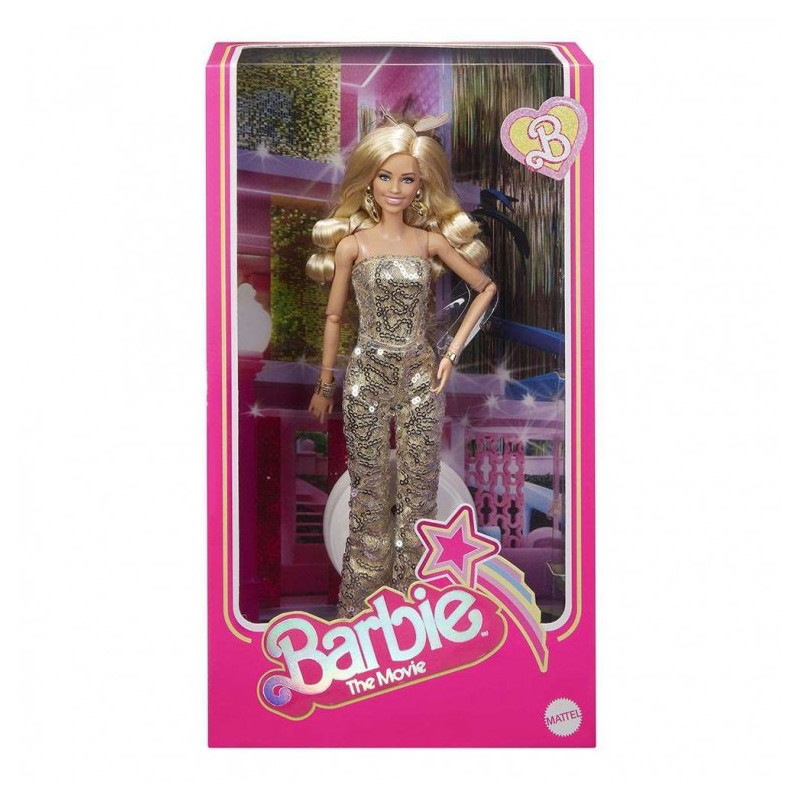 Barbie The Movie Doll, Margot Robbie as Barbie, Collectible Doll Wearing Gold Disco Jumpsuit with Glossy Curls and Golden Heels
